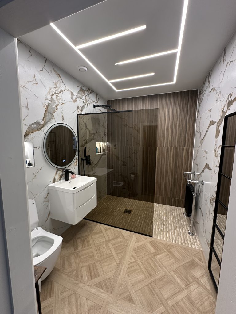 Luxury tiled bathroom renovation by AMR Builders in Newton Mearns, Glasgow.